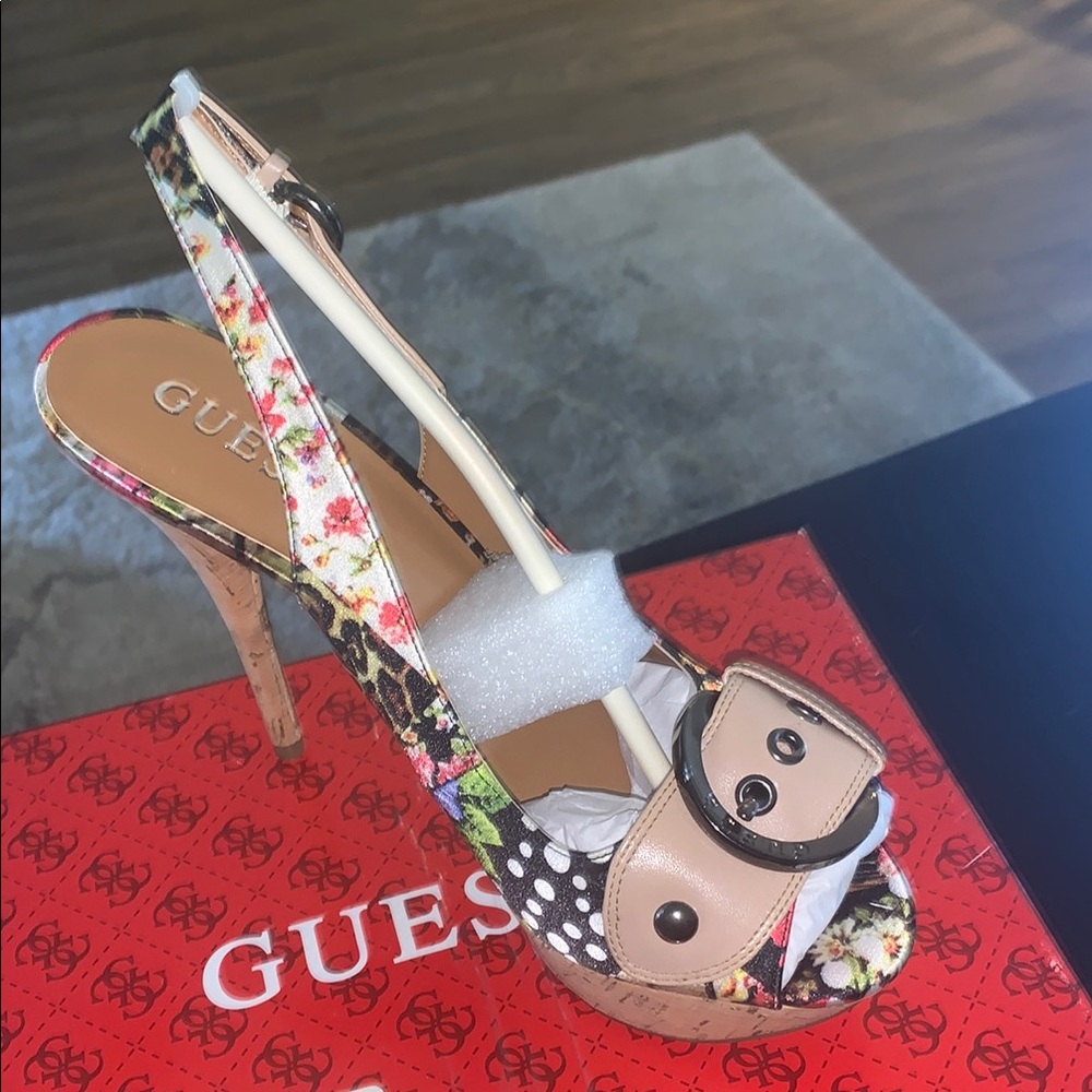 GUESS Women's Floral Platform Slingback Heels - Tan and Multicolor
